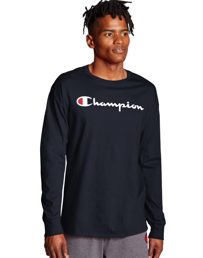 Champion Classic Long-Sleeve Script Logo Erkek Tişört Lacivert ( MZSEOK038 )